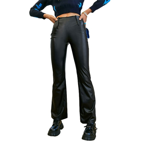 KOMOO Women Faux Leather Pants Solid Color Elastic High Waist Pants Straight Bell-Bottom Trousers