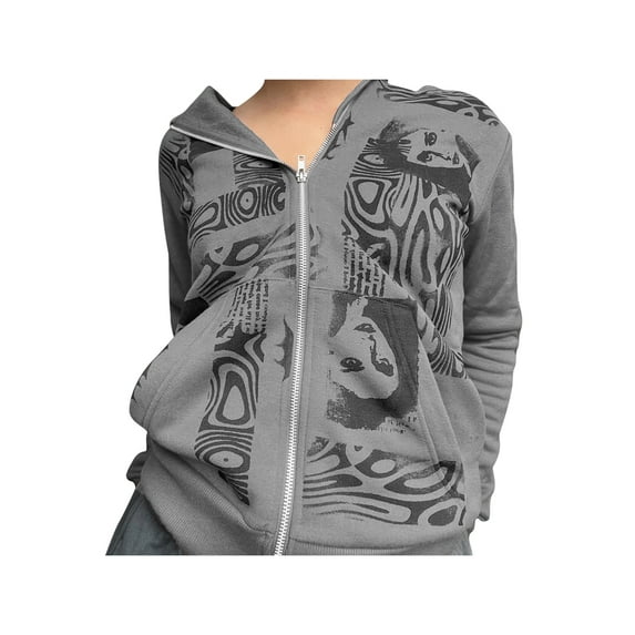 KOMOO Women Full Zip Hoodies Portrait Print Pockets Loose Hooded Sweatshirt Long Sleeve Jacket