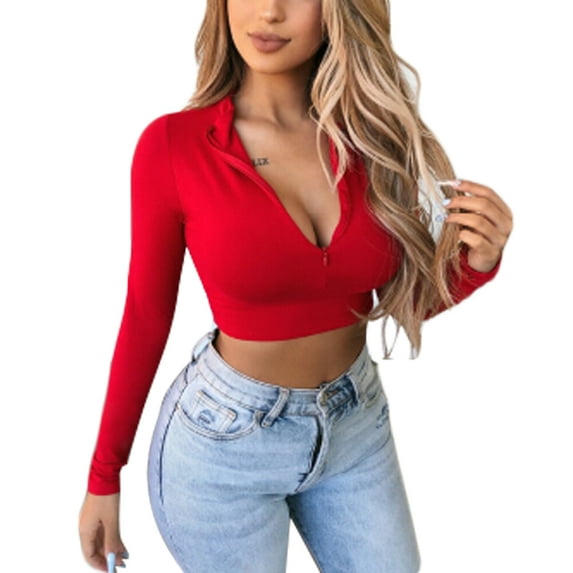 KOMOO Women Half Zipper T-Shirt Long Sleeve Crop Tops Slim Solid Color Short T-Shirt