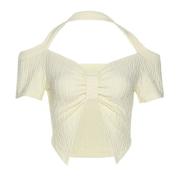 KOMOO Women Halter Crop Tops Short Sleeve Split Folding Tops Solid Color V-neck Short Shirt Tops