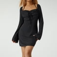 thumbnail image 1 of KOMOO Women Halter Mini Dress Flare Long Sleeve Short Dress Neck Square Cutout Ruched Bodycon Party Dress Summer Club Sundress, 1 of 9