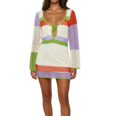 KOMOO Women Hollow Out Crochet Knit Dress Swimsuit Cover Ups Low Cut Halter Beach Dresses Oversize Sundress Resort Wear Party Clubwear