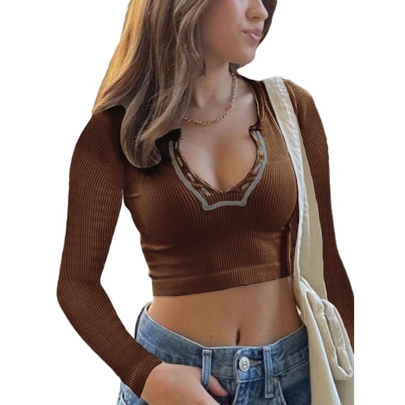 KOMOO Women Knit Crop Top Long Sleeve V Neck Ribbed Short T-Shirt Slim Fairycore Grunge Cropped Tees Tops