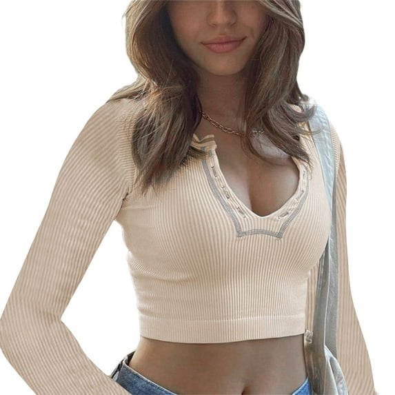 KOMOO Women Knit Crop Top Long Sleeve V Neck Ribbed Short T-Shirt Slim Fairycore Grunge Cropped Tees Tops