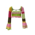 thumbnail image 1 of KOMOO Women Knitted Crop Tops Flared Long Sleeve Crochet Patchwork Shirt Drawstring Short Tops, 1 of 5