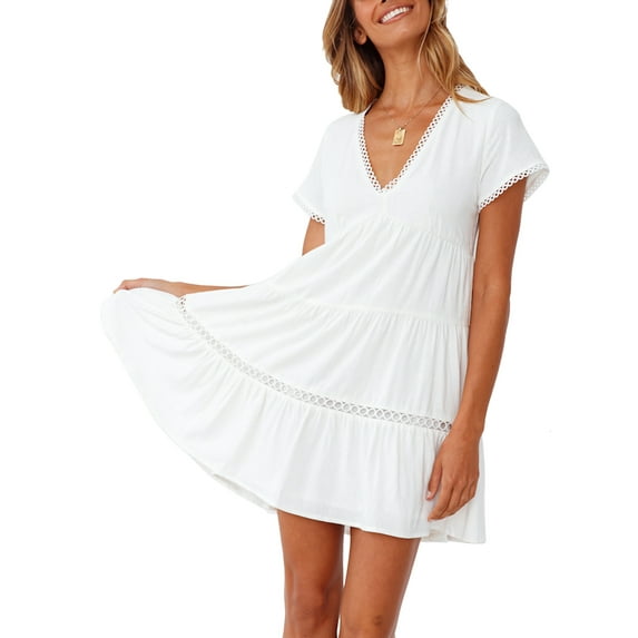 KOMOO Women Lace Dress Solid Color Deep V-Neck Collect Waist Pleated Dress Beach Dress Plus Size