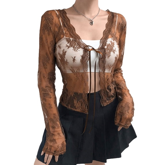 KOMOO Women Lace Mesh Cardigans Harajuku See Through Blouses Sheer Crochet Cardigans Cover Ups Tops