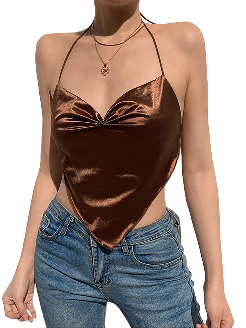 KOMOO Women Lace-Up Crop Tops Summer Solid Color V-neck Triangle