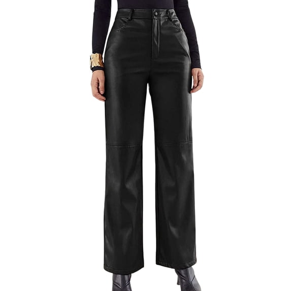 KOMOO Women Leather Pants High Waist Side Pockets Straight Trousers Solid Color Slim Long Pants