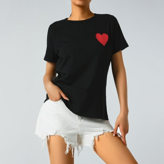 KOMOO Women Letters T-Shirt Heart Print Short Sleeve Round Neck Tee Breathable Casual Tops