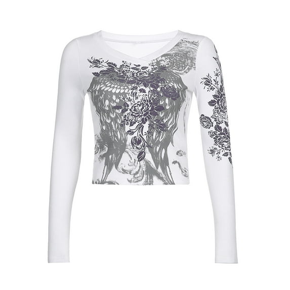 KOMOO Women Long Sleeve Crop Top Vintage Feather Wing Flower Printed Short Tee Round Neck Slim Tops