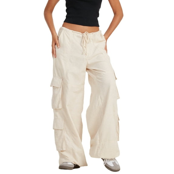 KOMOO Women Loose Cargo Pants Oversized Wide Leg Pants Drawstring Elastic Waist Straight Leg Casual Trousers with Multi-Pockets