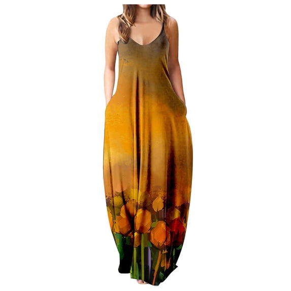KOMOO Women Loose Long Dress, Abstract Oil Painting Sling Dress Sleeveless U Neck Dress Plus Size