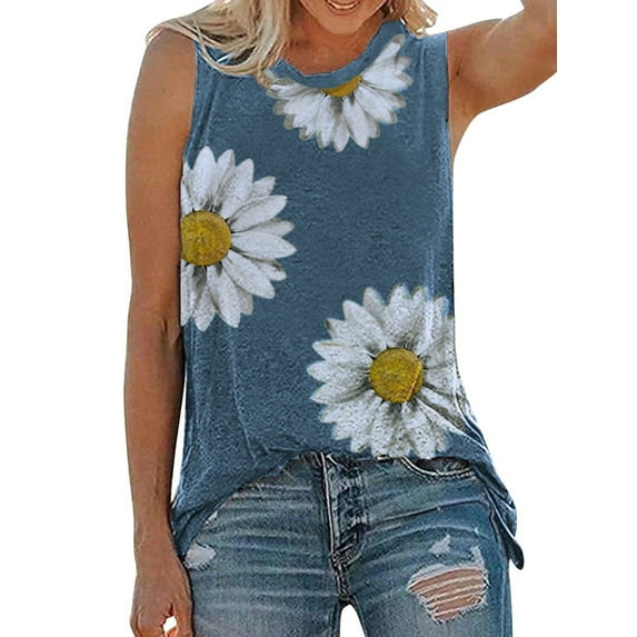 KOMOO Women Loose Tank Top Sleeveless Sunflower Print Round Neck Pullover Vest T-Shirt Plus Size