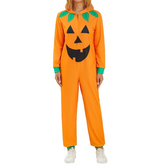 KOMOO Women Men Halloween Jumpsuit Pajamas Devil Print Long Sleeve Zip Oversized Hooded Couple Romper Sleepwear