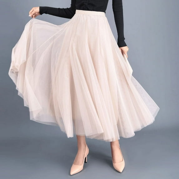 KOMOO Women Mesh Layered Midi Skirts Elastic High Waist Pleated Tulle Skirt Tutu A-line Midi Skirt