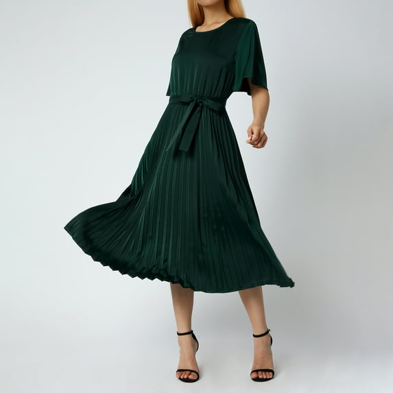 KOMOO Women Midi Dress Solid Color Pleated Waist Tie Dress Short Sleeve Crew Neck Dress Plus Size