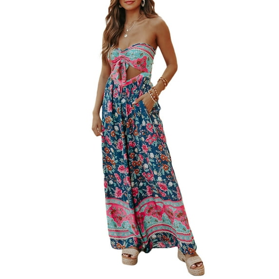 KOMOO Women Off Shoulder Cutout Jumpsuits Strapless Backless Boho Wide Leg Long Romper Tube Tops Jumpsuit Playsuit