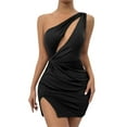 thumbnail image 1 of KOMOO Women One Shoulder Dress Solid Color Hollow Out Ruched Slit Bodycon Mini Dress Backless Dress, 1 of 4