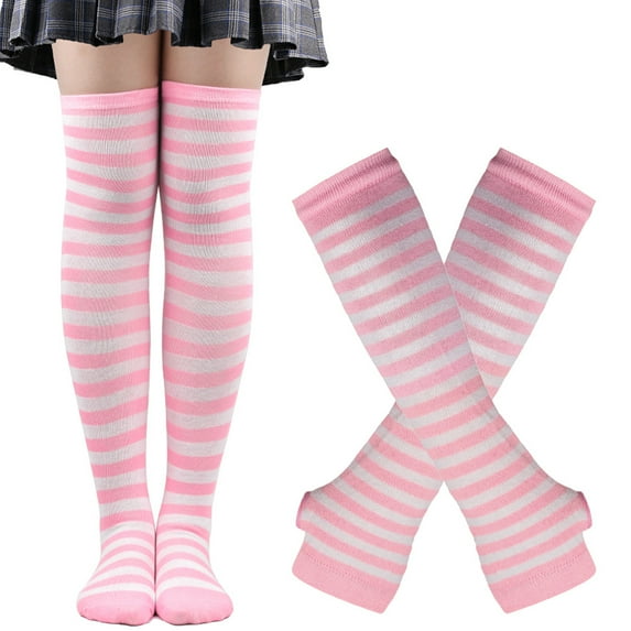 KOMOO Women Over the Knee Socks for Thick Thighs Long Stockings Girls Casual Striped Cotton Socks with Long Gloves Set