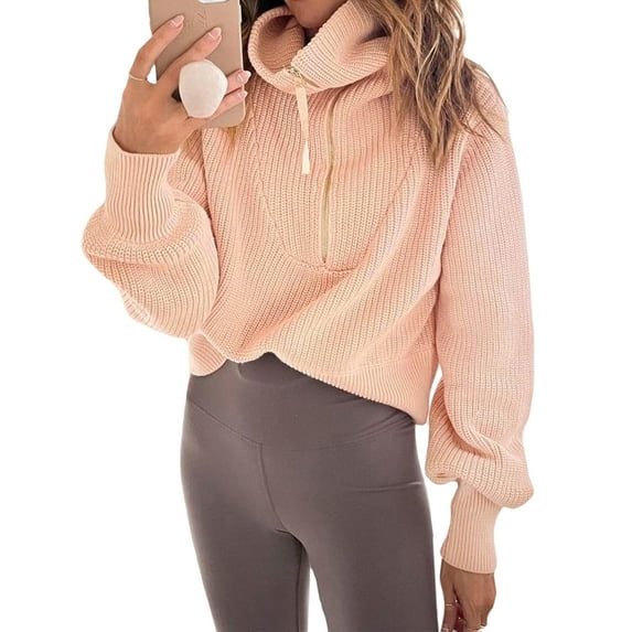 KOMOO Women Oversized Half Zip Sweater Long Sleeve Turtleneck Zipper Pullover Sweaters Ribbed Knit Jumper