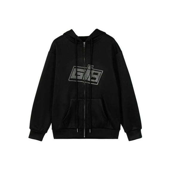 KOMOO Women Oversized Zipper Hoodies Rhinestones Skull Graphic Hooded Jacket Sweatshirt College Jacket