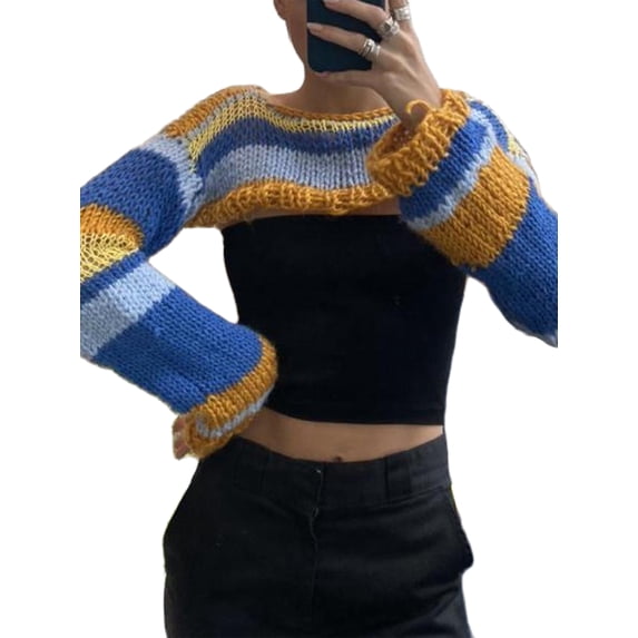 KOMOO Women Patchwork Crop Top Sun Protection Breathable Crochet Tee Summer Knitted Patched Tops