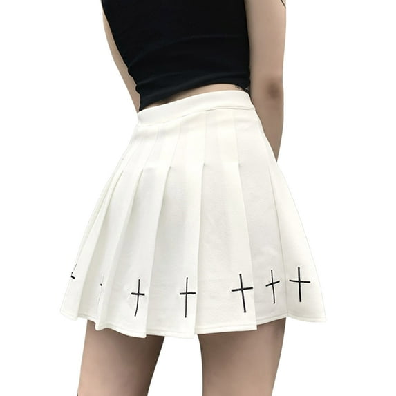 KOMOO Women Pleated Mini Skirt Cross Pattern High Waist Skirt Gothic Punk Mini Skirts Plus Size