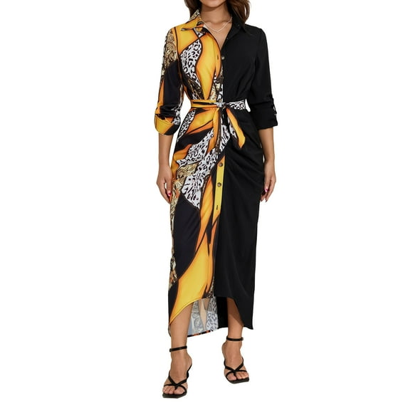 KOMOO Women Pleated Shirt Dress Long Sleeve Button Stripe Printed Tunic Long Dress Ruched Belted Casual Blouse Dress