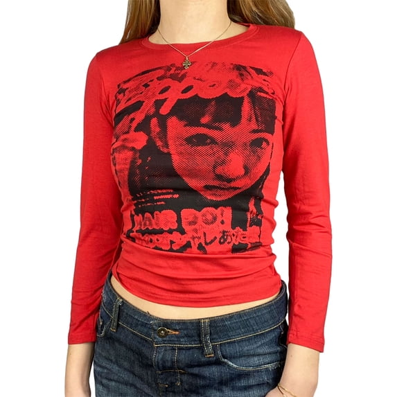 KOMOO Women Print T-Shirt Face Print Long Sleeve Crop Top Vintage E-Girl Harajuku Y2k Slim Tee Tops