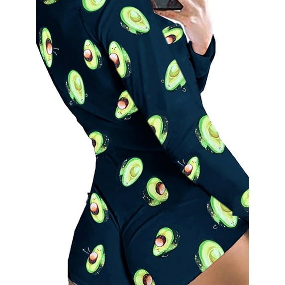 KOMOO Women Printed Short Jumpsuit Stretch Leotard Bodysuit Long Sleeve VNeck Bodycon Romper Pajamas Sleepwear