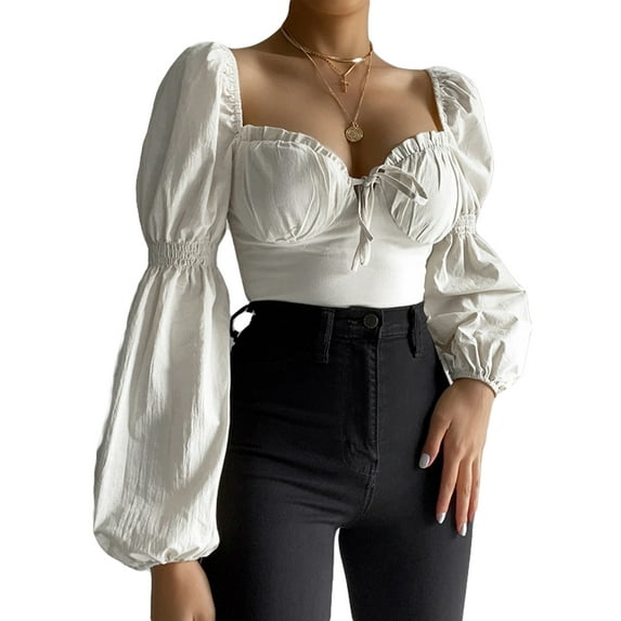 KOMOO Women Puff Sleeve Crop Tops Solid Color Tie-up V-neck Short Shirts Elastic Back Tops