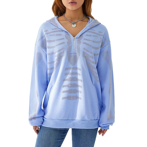 KOMOO Women Quarter Zip Pullover Hoodie Loose Rhinestone Zip Up Hoodies Long Sleeve Oversized Skull Zipper Hooded Jacket