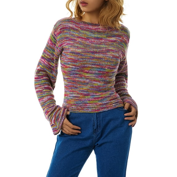 KOMOO Women Rainbow Cropped Sweater Long Sleeve Loose Stripe Knitted Pullover Tie Dye Crochet Knitwear