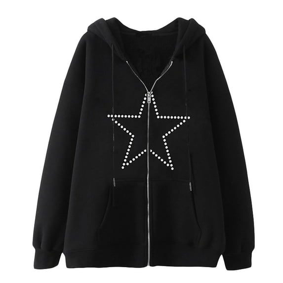 KOMOO Women Rhinestone Zipper Hoodie Sweatshirts Long Sleeve Zip Up Drawstring Hoodie Oversized Jacket