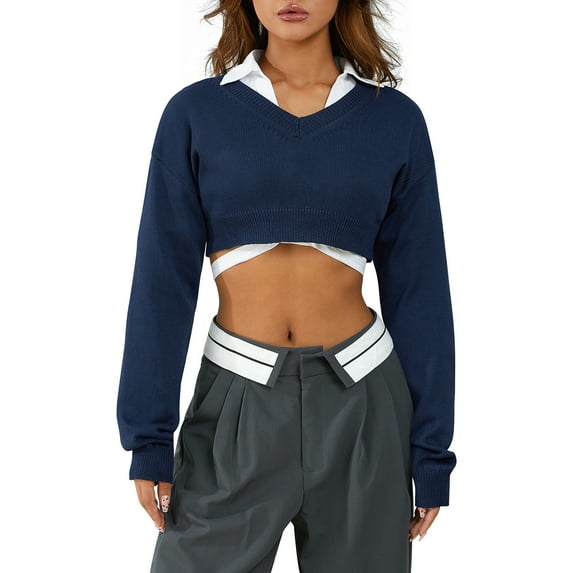 KOMOO Women Ribbed Knit Crop Top Long Sleeve Cropped Sweater Solid Color Casual Knitted Crop Pullover