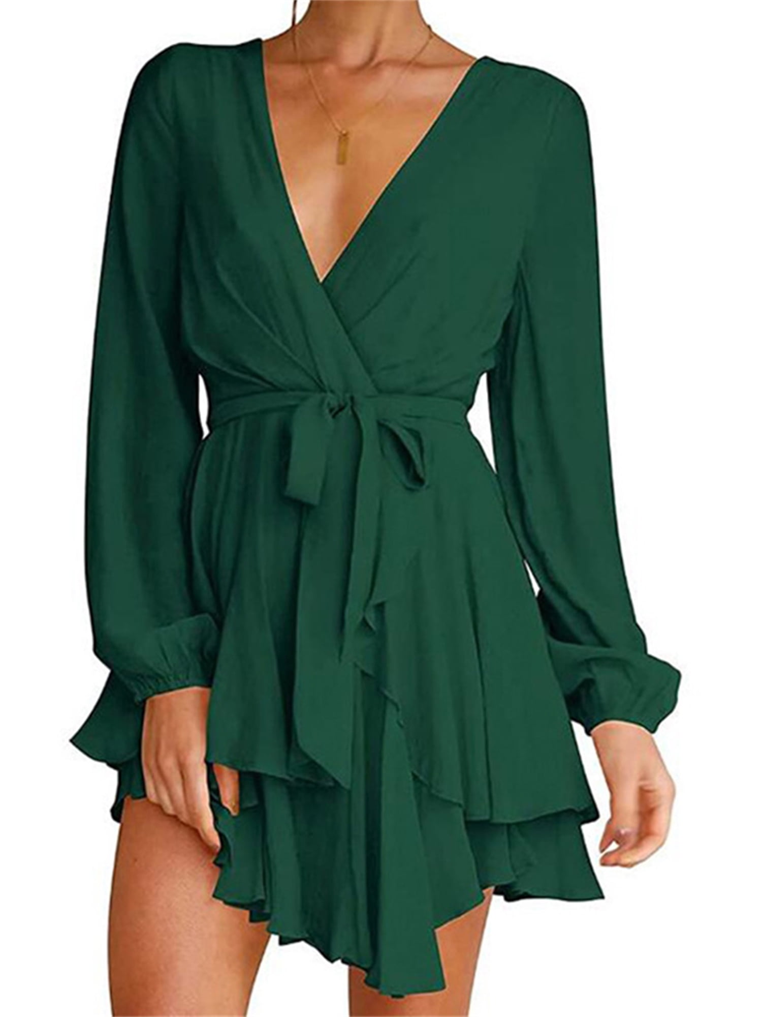 KOMOO Women Ruffle Wrap Dress Long Sleeve High Waist Flowy Short Mini Dress Layer Ruffle A Line Swing Dress Walmart