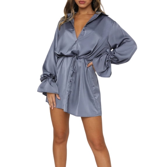 KOMOO Women Satin Shirt Mini Dress Long Sleeve Button Down Tunic Dress Collared VNeck Party Club Short Dress with Belt