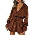 thumbnail image 1 of KOMOO Women Satin Shirt Mini Dress Long Sleeve Button Down Tunic Dress Collared VNeck Party Club Short Dress with Belt, 1 of 6