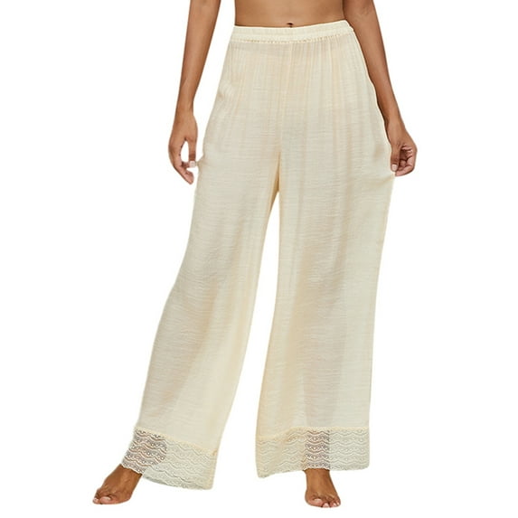 KOMOO Women Sheer Beach Pants Sunscreen See Through Elastic High Waist Pants Wide-Leg Trousers