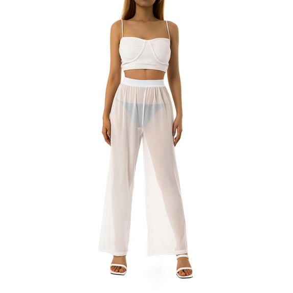 KOMOO Women Sheer Mesh Pants See Through High Waist Wide Leg Swimsuit Cover Up Pants with Thongs