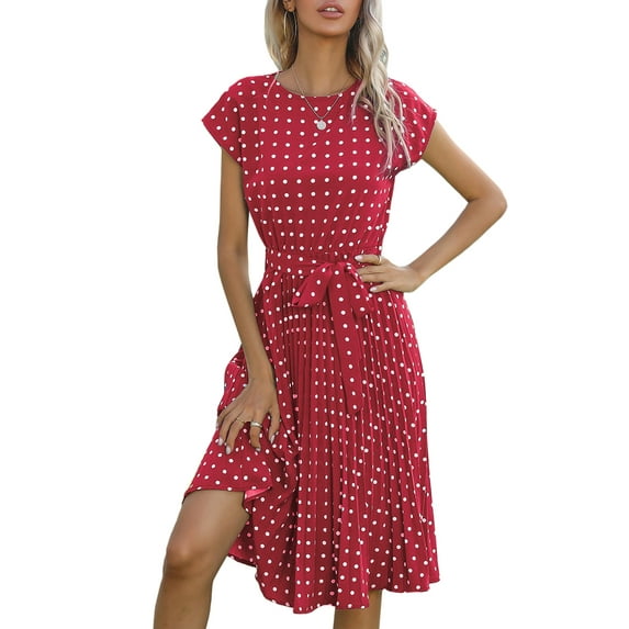 KOMOO Women Short Sleeve Dots Dress Round Neck Adjustable Waist Belt Dress Loose Fit Casual Dress
