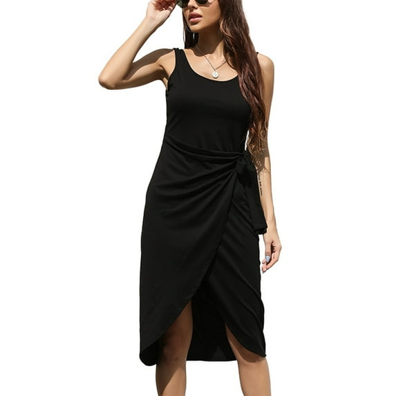KOMOO Women Sleeveless Mid Dress Bandage Folds Vest Dress Irregular Hem Slim Fit Dress Plus Size