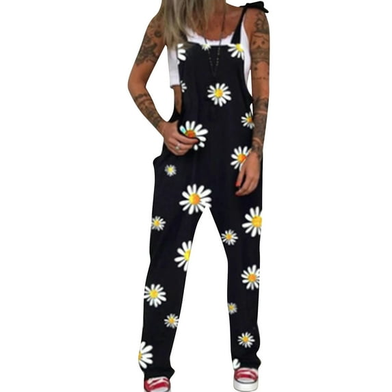 KOMOO Women Sleeveless Overalls Printed Square Collar Loose Jumpsuits Long Pants Jumpsuit Plus Size