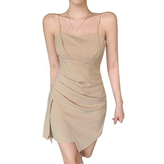 KOMOO Women Sling Dress Ruched Irregular Hem Spaghetti Strap Dress Solid Color Backless Skirt