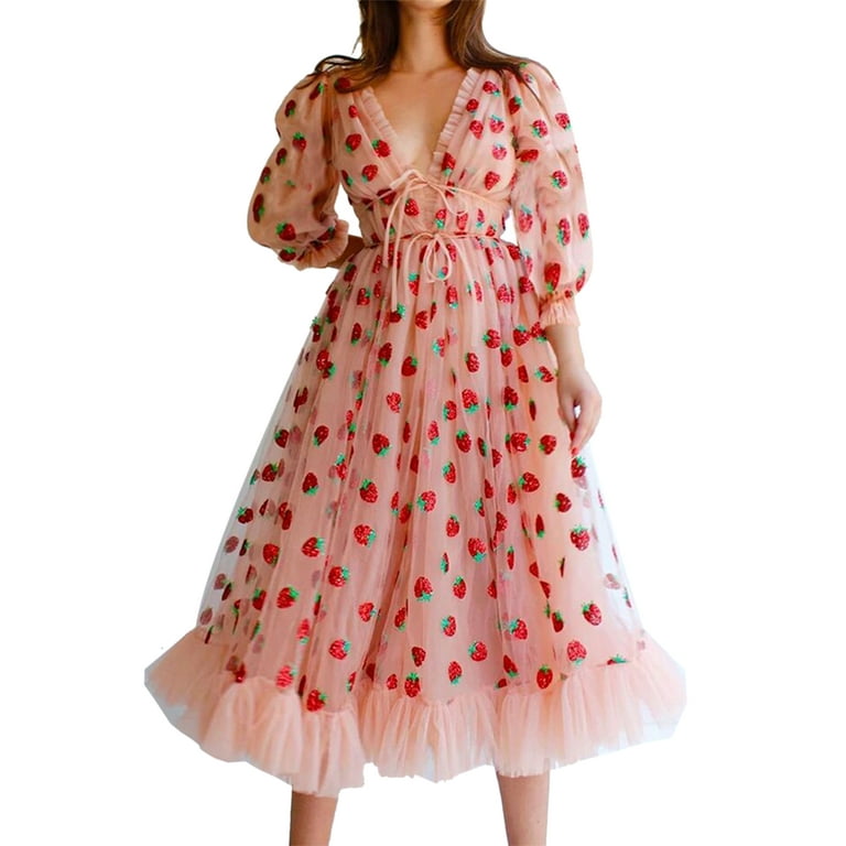 KOMOO Women Strawberry Sweet Dress Fashin Deep VNeck sleeveless