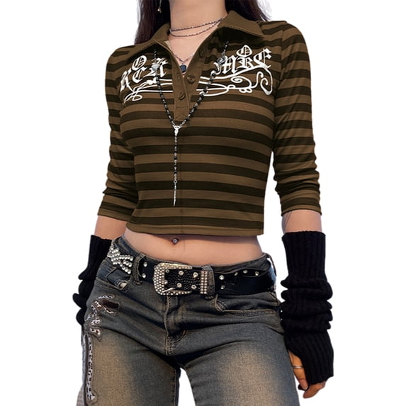 KOMOO Women Stripe T-shirt Half Sleeve Goth Print Button Down Lapel Short Tee Tops Harajuku Y2K T-Shirts