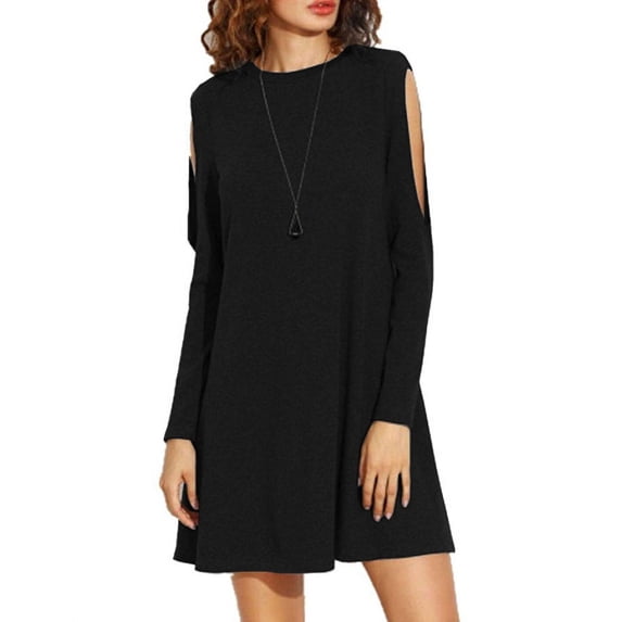 KOMOO Women Summer Short Mini Dress, Solid Color Round Neck Off-Shoulder Long Sleeve Dress Casual Cotton T-Shirt Dress