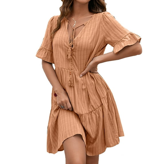 KOMOO Women Swing Loose Dress Short Sleeve A-line Mini Dress Solid Color V-neck Beach Sun Dresses