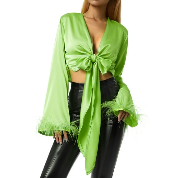 KOMOO Women Tie Front Blouse Feather Long Sleeve Ruffle Drawstring Cardigan Crop Top Satin Shirt Tops